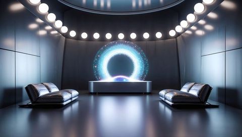 Futuristic lounge with holographic portal and modern decor