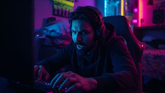 Focused Gamer Deeply Immersed in LED-Lit Gaming Setup