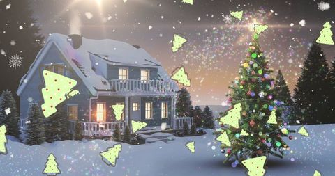 Magical Winter Scene with Snowy House and Christmas Tree Illumination - Download Free Stock Images Pikwizard.com