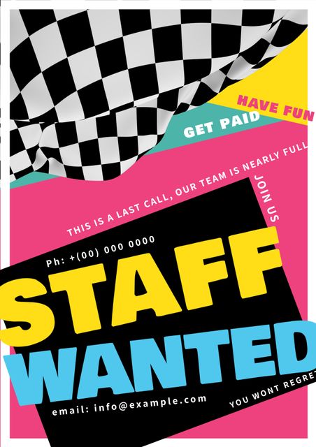 This colorful and vibrant 'Staff Wanted' poster is perfect for lively job marketing campaigns. Ideal for office recruitment and employment advertisement, it catches the eye with a dynamic design and bold, easy-to-read text. Use this template to attract enthusiastic job seekers and convey a fun, engaging company culture.