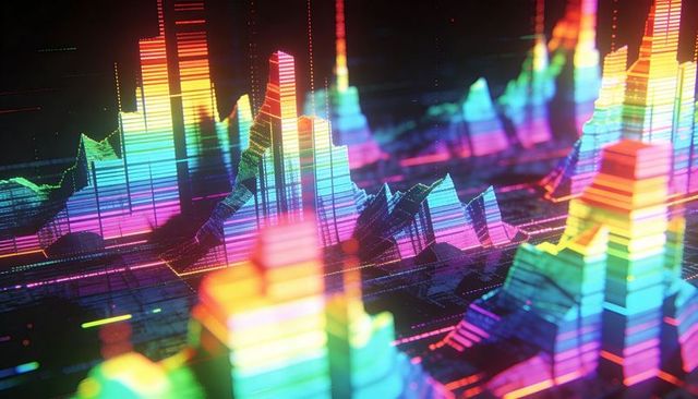 Neon 3d data peaks rising over dark grid plane with glowing spectral ridges and terraces