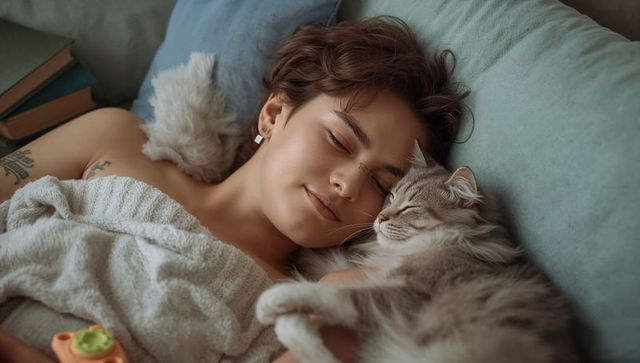 Cozy morning cuddling: female-presenting adult embracing gray longhair cat on bed