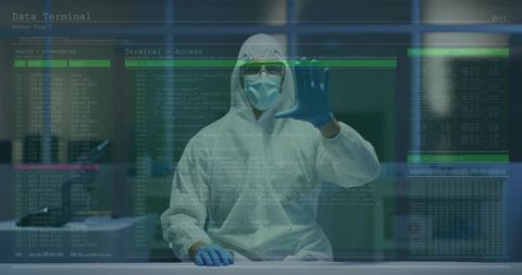 Technician in protective suit interacting with holographic interface