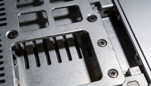 Precision rectangular metal mounting bracket in electronic chassis with screws and standoffs
