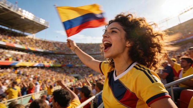 Sunlit colombian fan cheering and waving flag while wearing yellow jersey in stadium