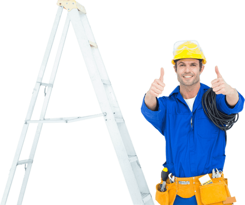 Electrician giving thumbs up next to ladder on transparent background