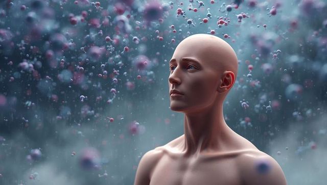 Bare-chested man in virtual molecular science lab