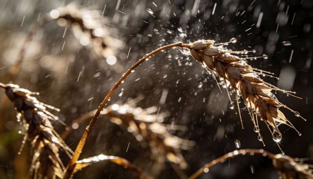 Backlit wheat bending and shedding dewdrops in rain, golden spikelet macro close-up