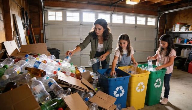 Family sorting recyclables in garage: mother and girls sorting plastic bottles into bins