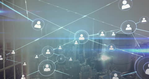 Digital Network Overlay on Modern Cityscape Animation