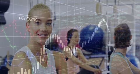 Smiling Woman Exercising with Financial Stock Chart Overlay