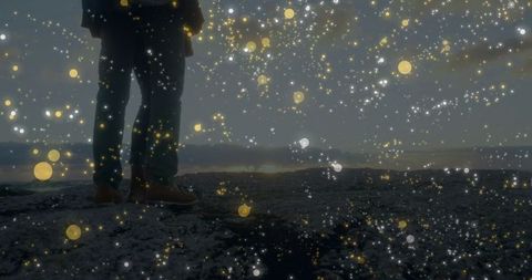 Couple Standing on Rocky Shore with Celestial Twilight Glow