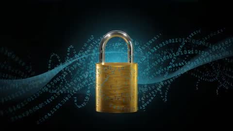 Glowing Brass Padlock Guarding Flowing Binary Ribbon, Visualizing Digital Data Encryption