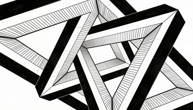 Interlocking Penrose Triangles Ink Illustration — Monochrome Geometric Optical Illusion