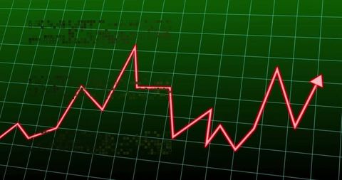 Red zigzag graph with arrow on green grid background