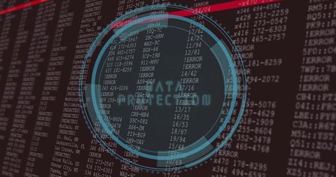 Cyan HUD Protecting Data Over Dark Log Screen with Error Flags and Cybersecurity UI