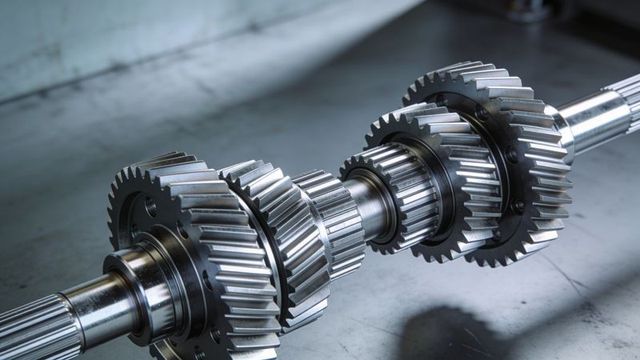 Polished transmission shaft featuring helical gears and splined sections on workshop bench