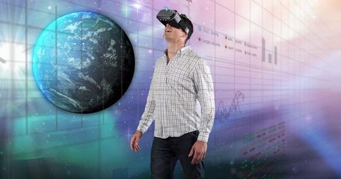 Man Using VR Headset Amid Surreal Data Landscape and Globe Visualization