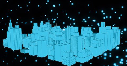 Futuristic 3d neon cityscape with floating blue circles