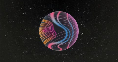 Futuristic neon orb with wavy patterns in space