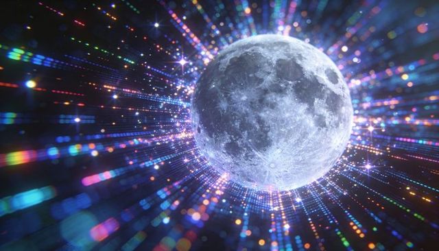 Holographic moon radiating neon light rays with digital bokeh and starfield