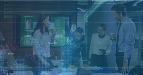 Business-casual team discussing financial dashboards and analytics at conference table