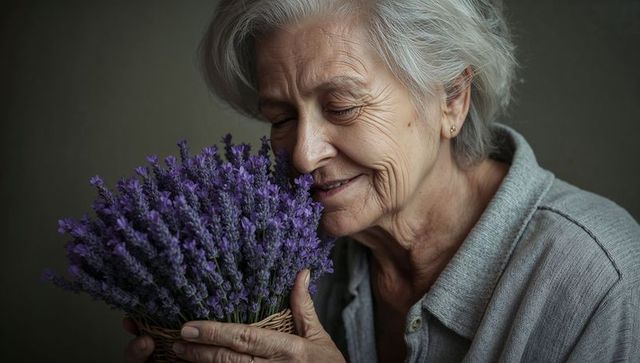 Senior woman inhaling lavender bouquet while smiling, soft elderly portrait in warm light