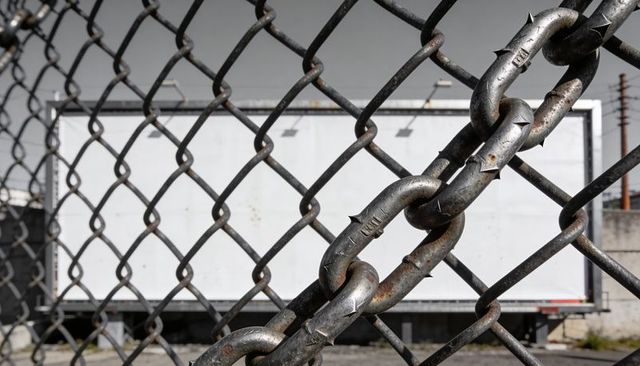 Rusty chain draping across chain-link fence blocking trailer yard and industrial lot