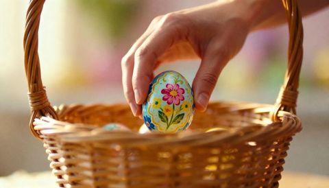 Hand placing hand-painted floral easter egg into wicker basket closeup with soft bokeh