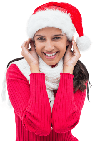 Smiling Woman Wearing Santa Hat on Transparent Background