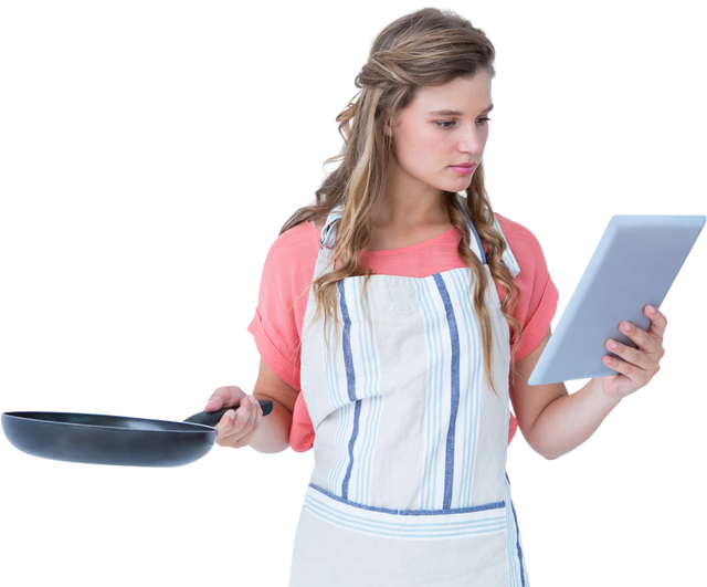 Woman in Apron Using Tablet and Holding Frying Pan Against Transparent Background - Download Free Stock Videos Pikwizard.com