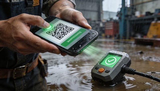 Rugged worker scanning qr code on smartphone to waterproof reader in muddy industrial yard