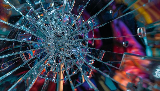 Shattered glass kaleidoscope radiating colorful refractions with radial cracks