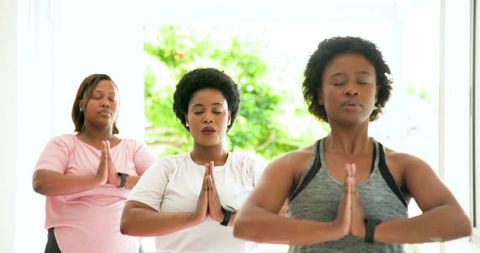 Women Practicing Mindfulness Yoga in Sunlit Studio