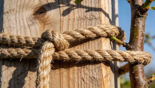 Close-up natural twine securing young sapling to weathered wooden stake in sunlight
