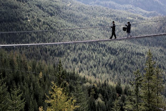 Couple is walking on long suspension bridge high above a dense, lush forest. Image is perfect for articles on travel and adventure, showcasing natural beauty, scenic outdoor locations, or promoting eco-tourism. Ideal for use in travel blogs, environmental publications, or outdoor activity advertisements.
