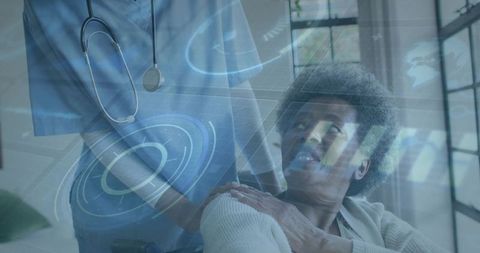 Nurse Supporting Wheelchair User with Digital Data Overlay