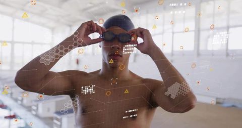 Competitive swimmer adjusting goggles with augmented reality hud overlay in indoor pool