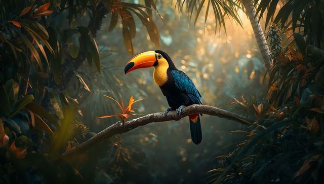 Vibrant Toucan Perching on Curved Branch in Lush Rainforest Morning Light