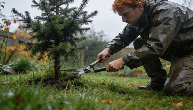 Red-haired gardener kneeling trimming evergreen sapling in rainy backyard using loppers