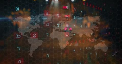 Scanning global network map with floating alphanumeric stream and red threat markers