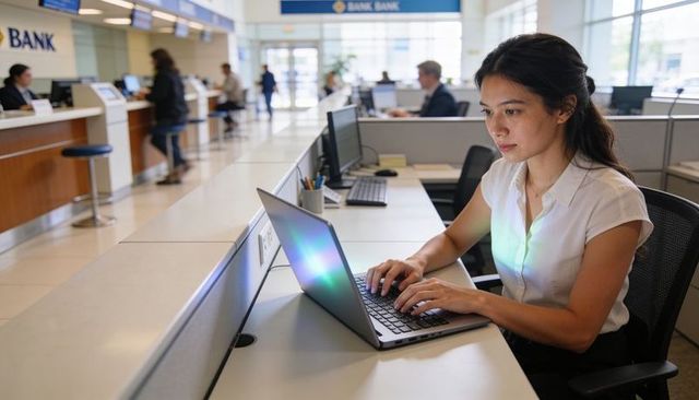 Bank staffer typing on laptop in modern branch open-plan workspace with natural daylight