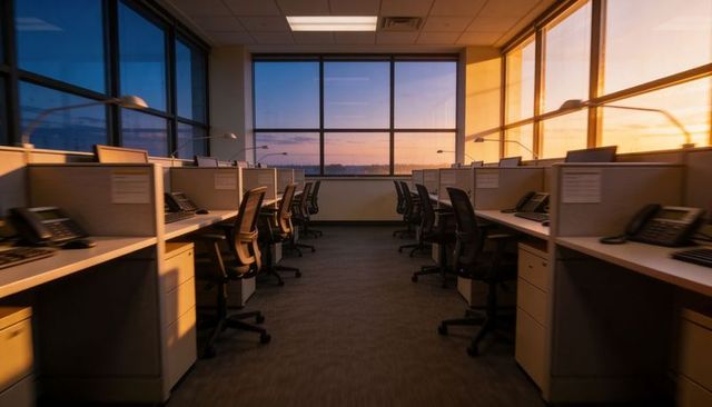 Empty modern cubicles bathed in golden hour light through office windows at sunset with warm glow