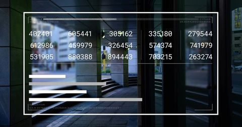 HUD Overlay Showing Numeric Grid and Progress Bars Over Urban Glass Storefront Entrance