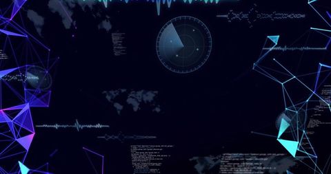 Futuristic Cybersecurity HUD Featuring Central Radar, World Map and Neon Wireframe Network