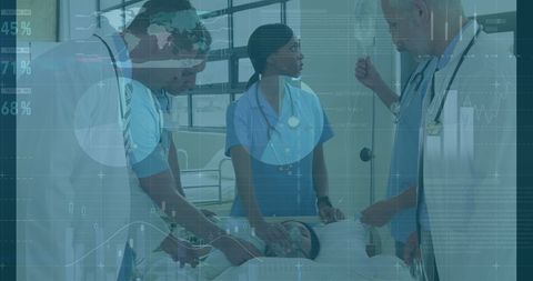 Diverse Medical Team Analyzing Data with Patient Interaction Overlay