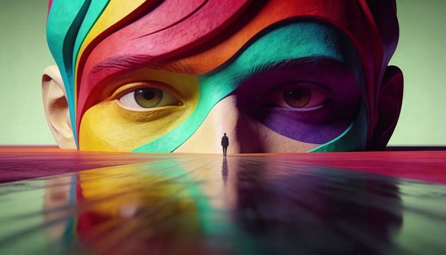 Giant painted face watching solitary silhouette on glossy reflective floor, surreal gallery