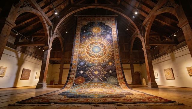 Hanging giant celestial mandala tapestry cascading from timber gallery beams