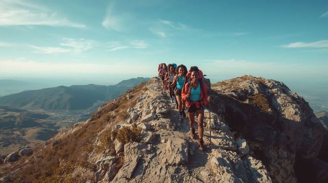 Women Hiking Narrow Mountain Ridge at Sunrise Wearing Teal and Orange Trekking Gear