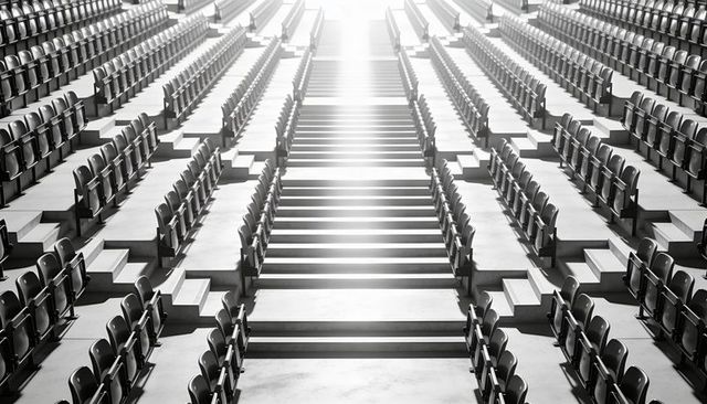 Central arena staircase leading toward bright light, symmetric fold-down seats, monochrome